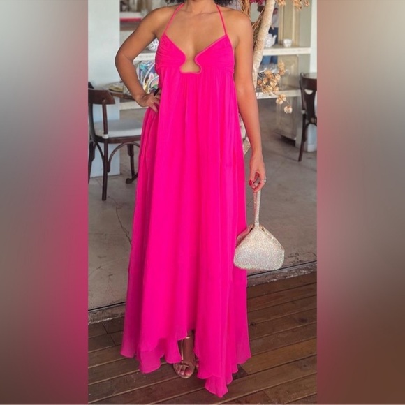 NWT Zara Hot Pink Chiffon Open Back Flowy Maxi Dress - Picture 3 of 10